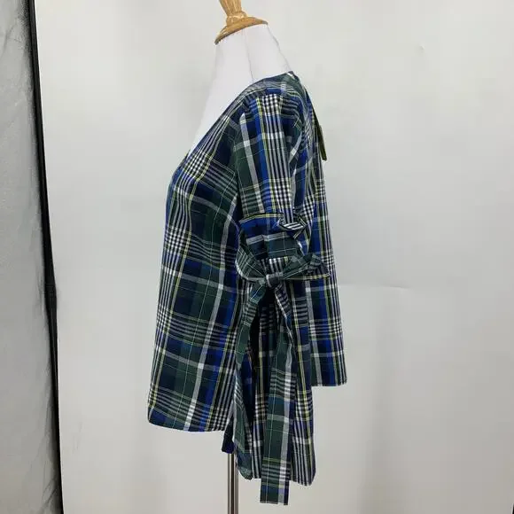 Gianni Bini Top Womens XS Extra Small Blue Tartan Plaid Serena Tie Bell Sleeves - Picture 4 of 11